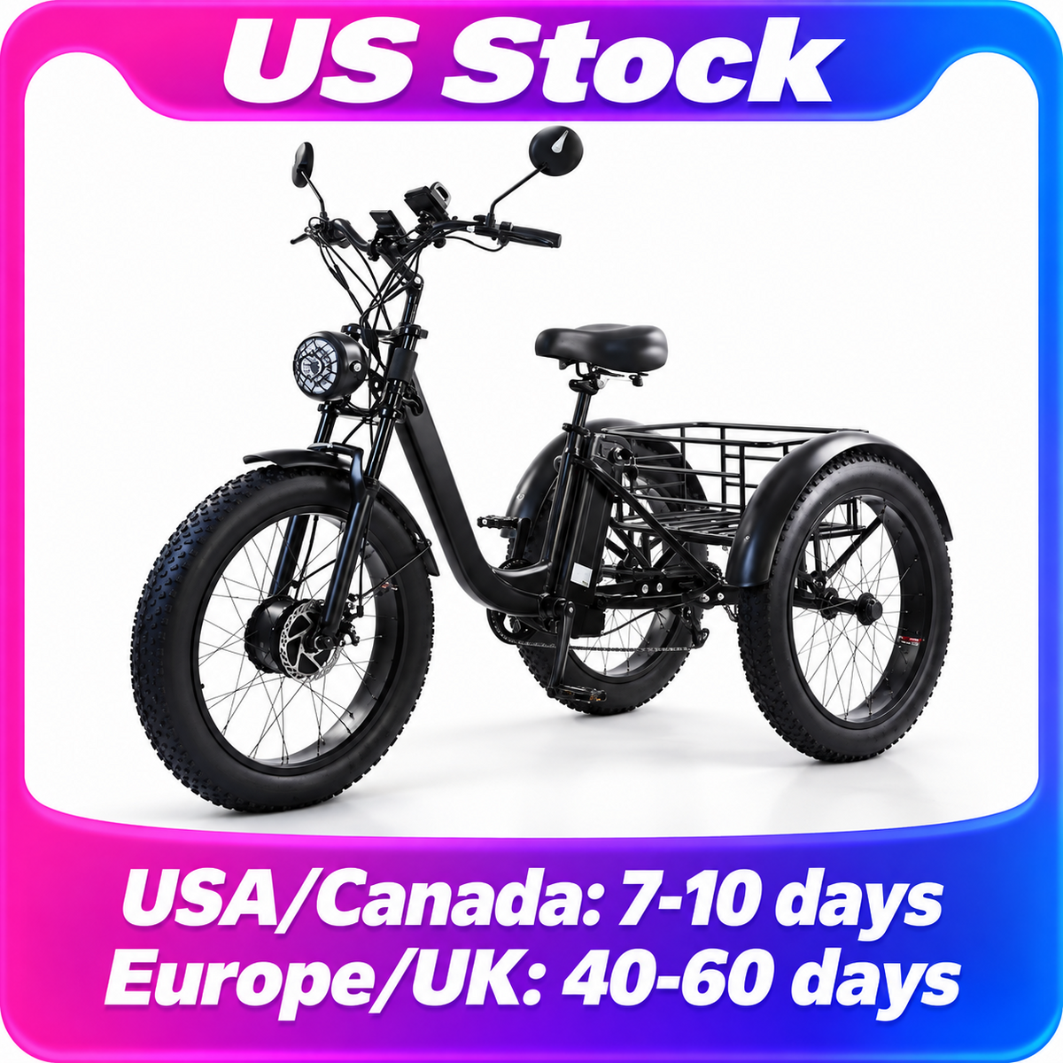 750W Fat Tire Electric Cargo Tricycle for Adults with Removable Battery, Step-Through Frame & Rear Basket – US Stock
