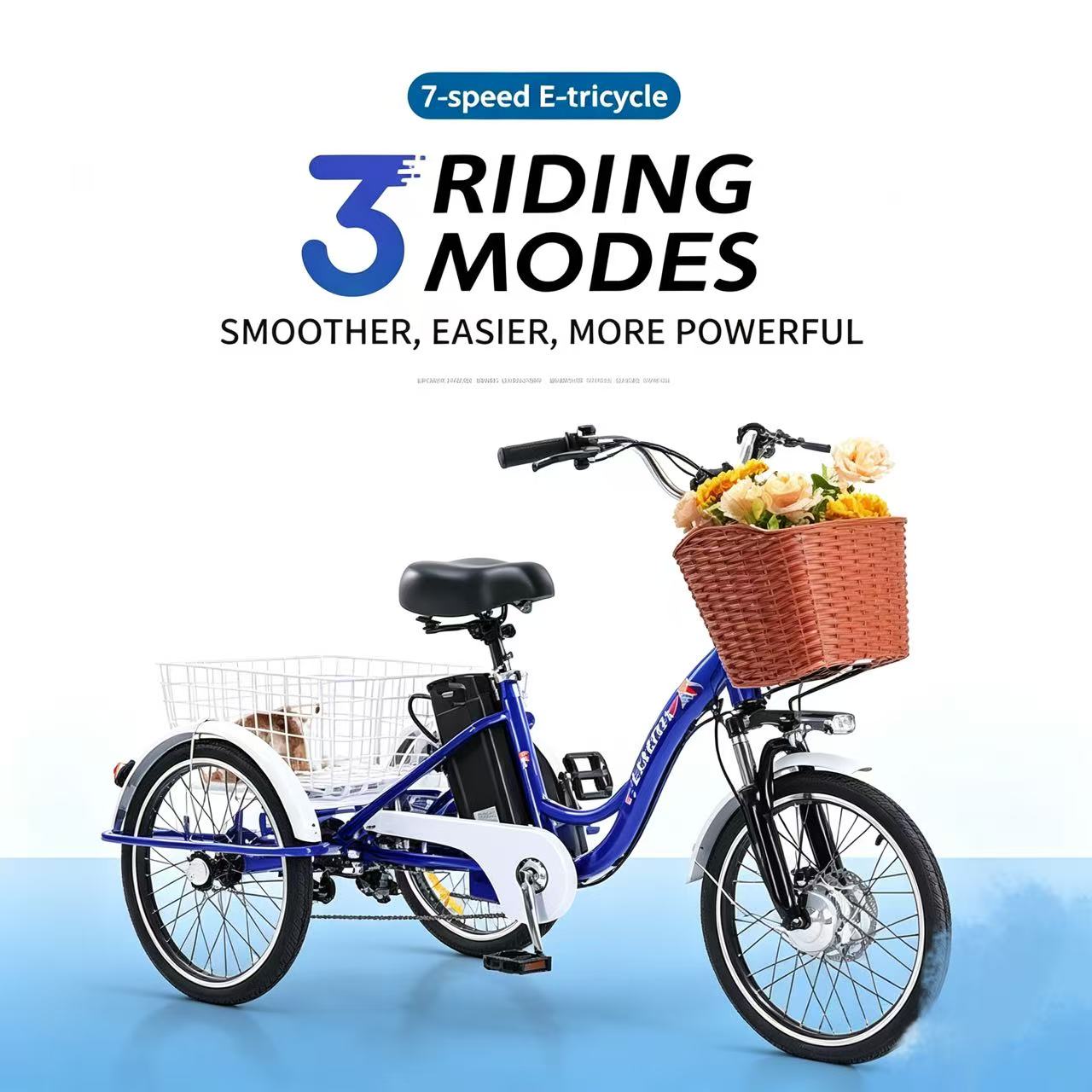 Adult 3 Wheel Electric Tricycle Lithium Battery 12a 350w 24 Inch Pull Basket 7-speed Carbon Steel Frame Disc Brakes Front Hub