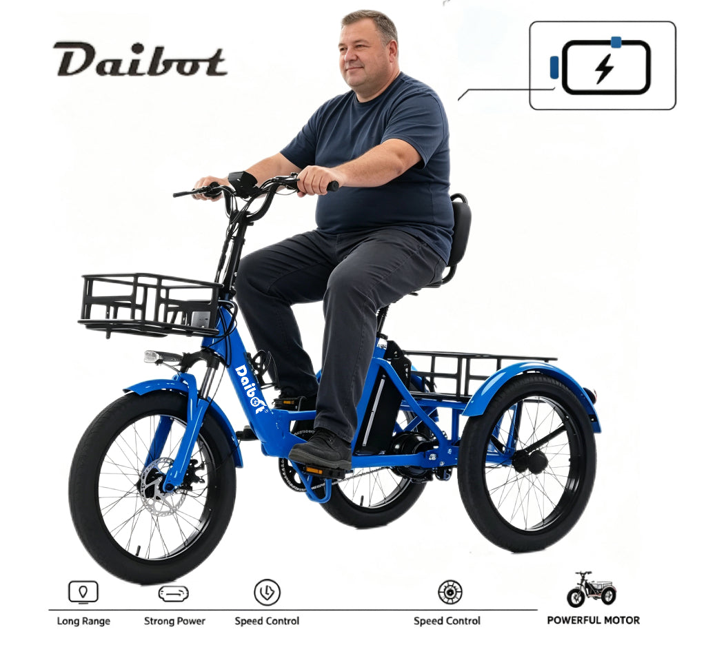 350w Fat Tire Blue Small Electric Tricycle Folding Adults 3 Wheel Cargo Booster Removable Lithium Battery Brushless Motor