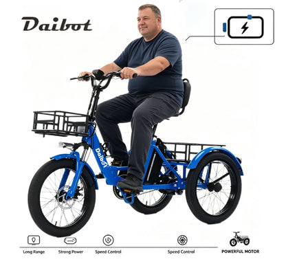 350w Fat Tire Blue Small Electric Tricycle Folding Adults 3 Wheel Cargo Booster Removable Lithium Battery Brushless Motor