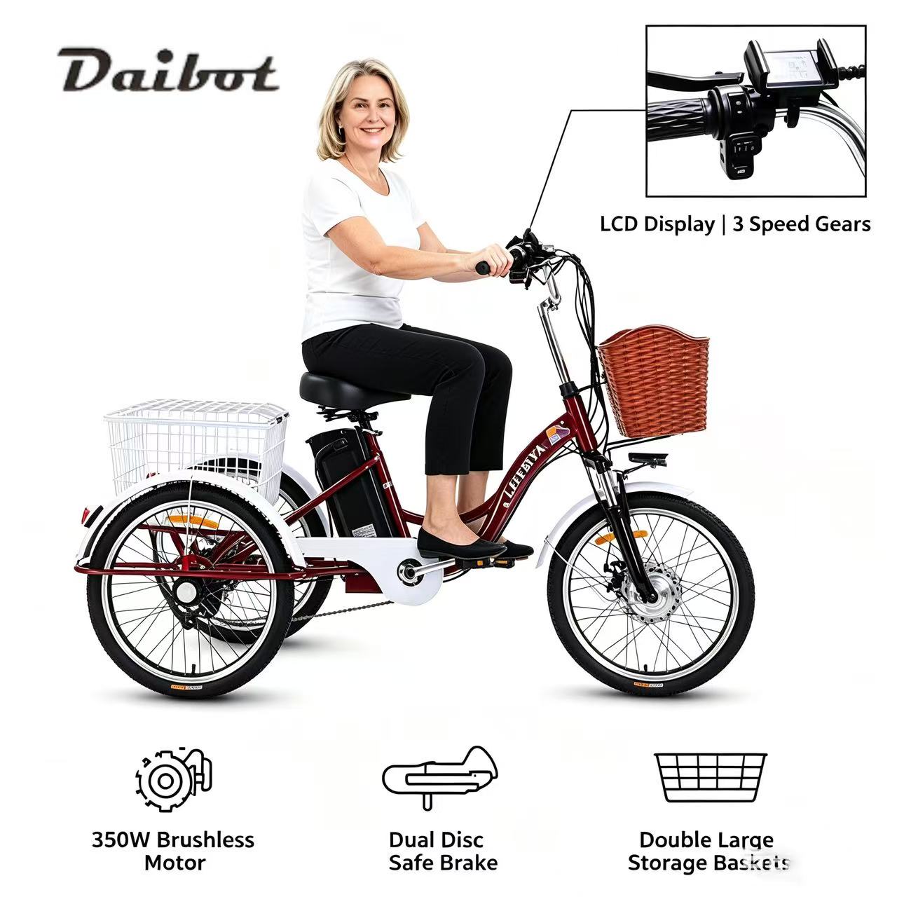 Adult 24 Inch 3 Wheel Electric Tricycle | 350W Front Hub Motor, 7-Speed Carbon Steel Frame, 12Ah Lithium Battery, Dual Disc Brakes, Front Pull Basket