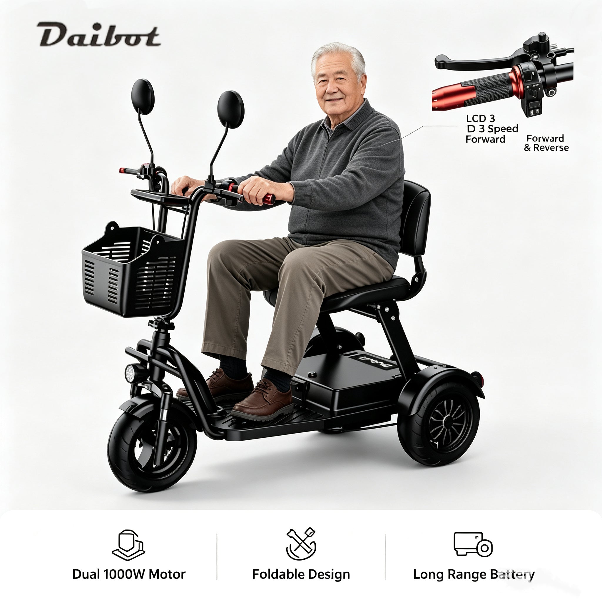 Folding 3-wheel Electric Scooter Family Adult Powerful 1000w 48v Mini Tricycle Seniors Disabled Preassembled Removable Battery