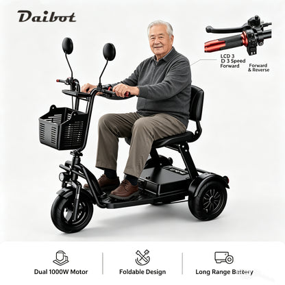 Folding 3-wheel Electric Scooter Family Adult Powerful 1000w 48v Mini Tricycle Seniors Disabled Preassembled Removable Battery