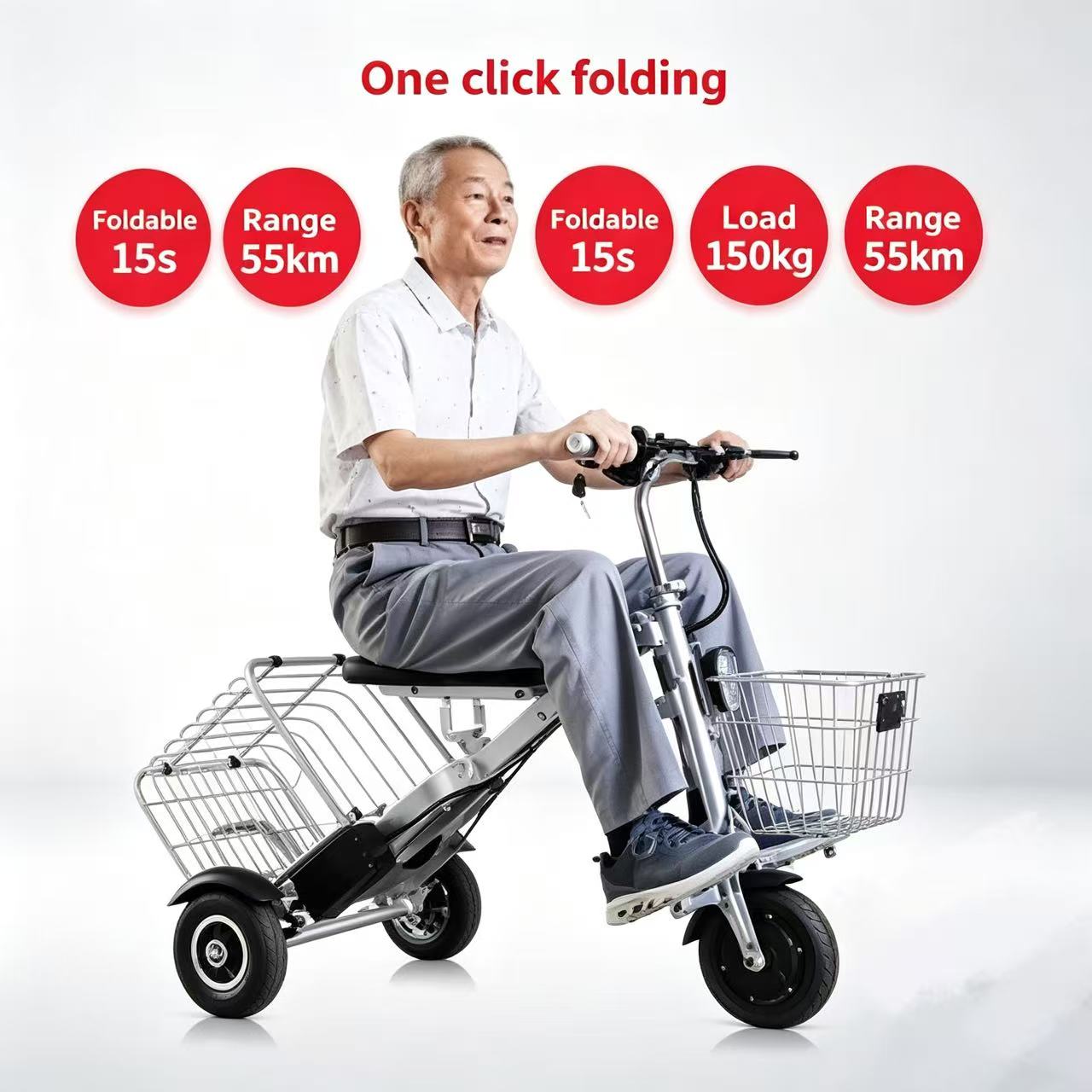 3 Wheel Foldable Brushless Lithium Battery Electric Tricycle Scooter Senior 250w 36v Mini Lightweight Basket Removable Battery