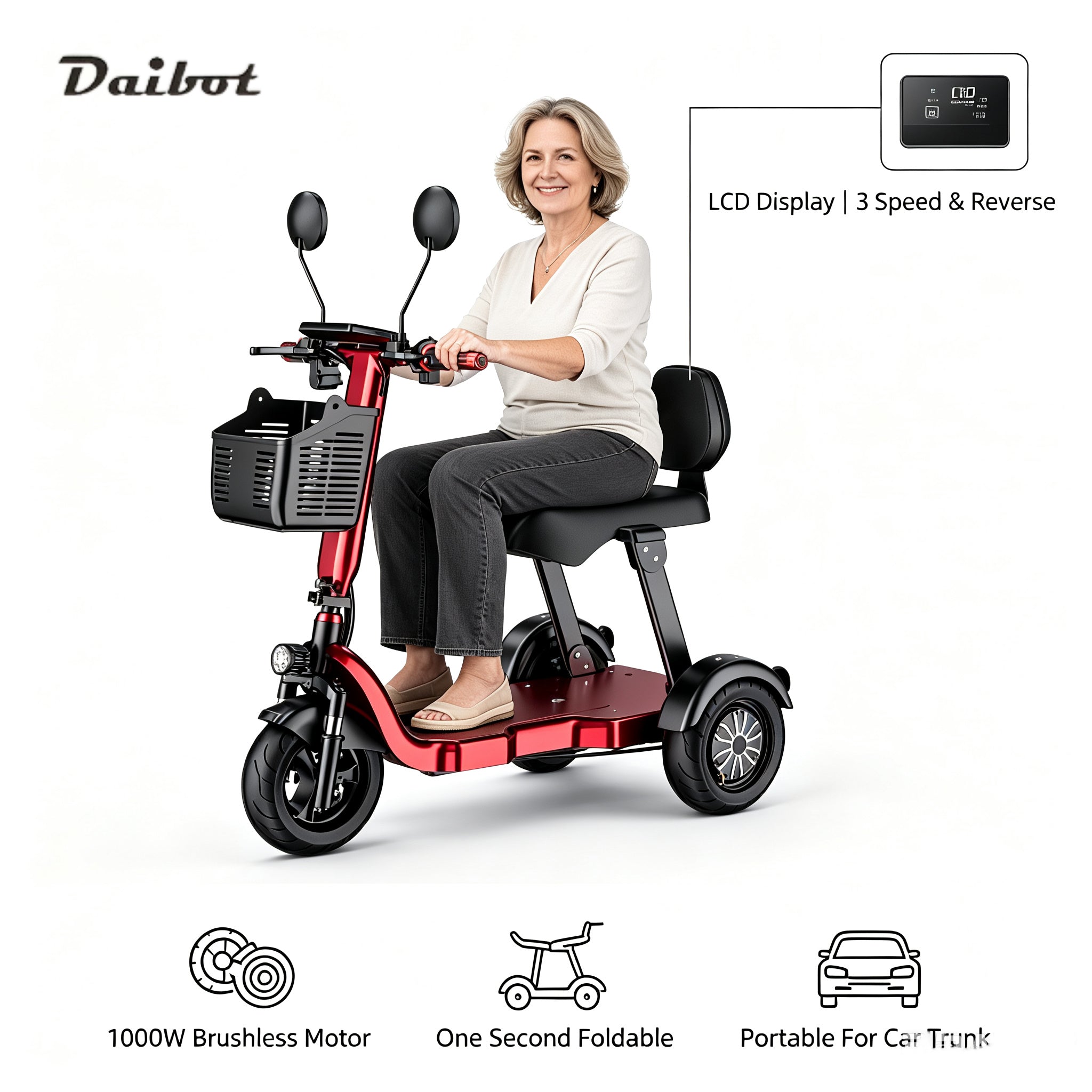 Holding Foldable 3 Wheel Mobility Scooter 48V 1000W Two Seater Electric Tricycle for Seniors Adults Daily Commute with Front Cargo Basket