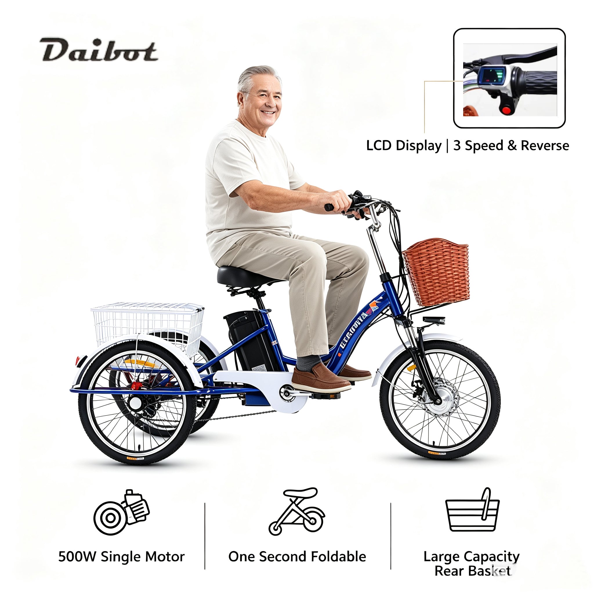 Adult 3 Wheel Electric Tricycle Lithium Battery 12a 350w 24 Inch Pull Basket 7-speed Carbon Steel Frame Disc Brakes Front Hub