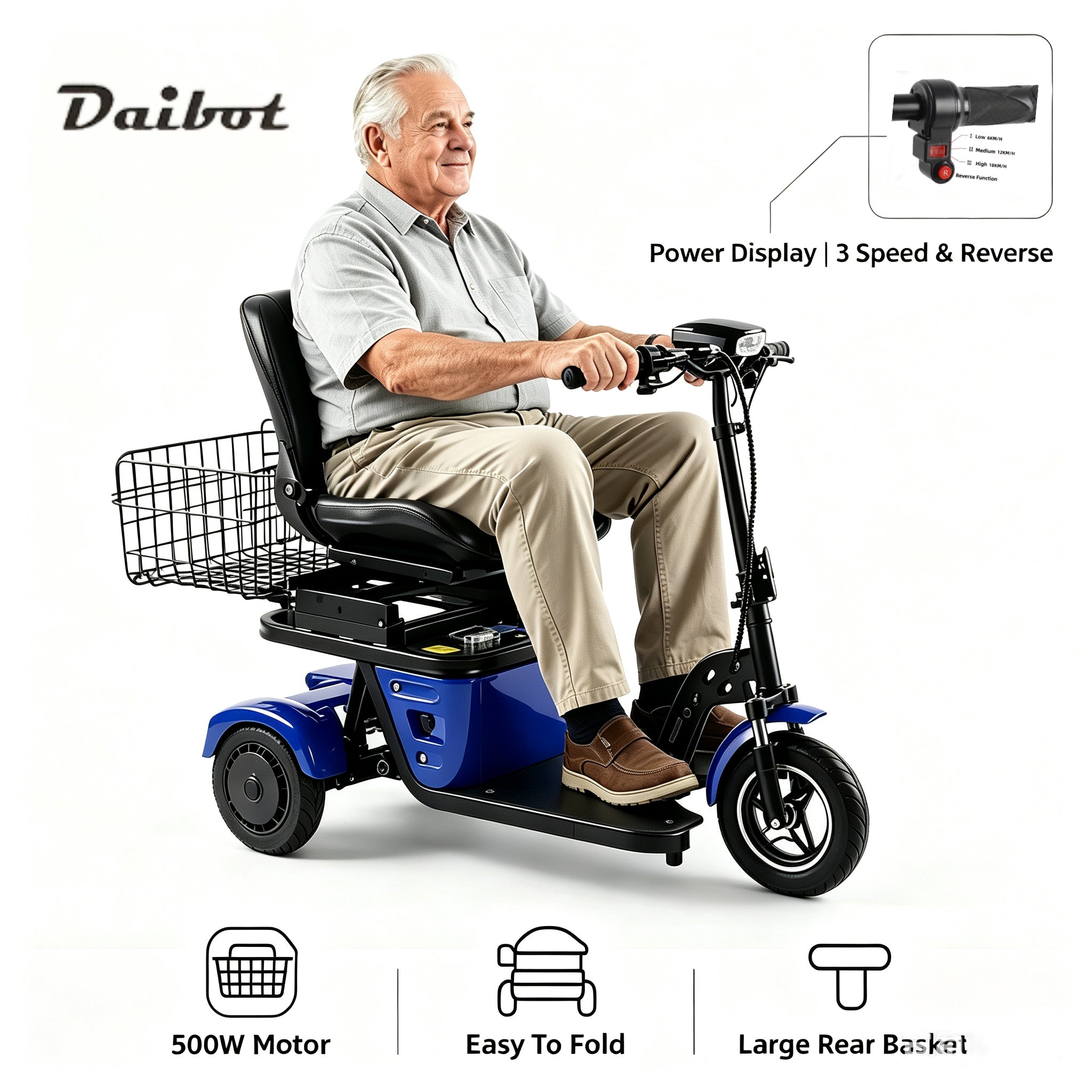 500w Foldable 3-wheel Mobility Scooter For Seniors,36v 15.6ah Light Electric Tricycle With Seat,30km Range,Eu Warehouse Stock