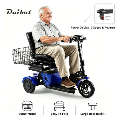 500w Foldable 3-wheel Mobility Scooter For Seniors,36v 15.6ah Light Electric Tricycle With Seat,30km Range,Eu Warehouse Stock
